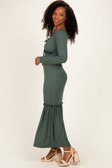 Olive Ribbed Long Sleeve Ruffle Trim Off Shoulder Maxi Dress