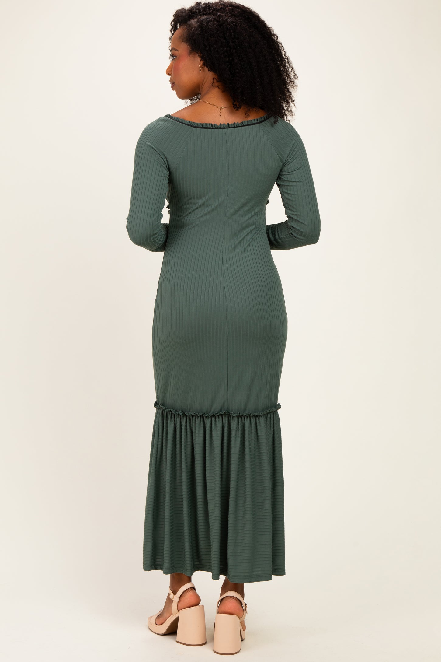 Olive Ribbed Long Sleeve Ruffle Trim Off Shoulder Maxi Dress
