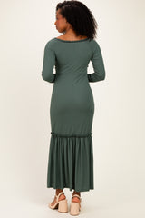 Olive Ribbed Long Sleeve Ruffle Trim Off Shoulder Maxi Dress