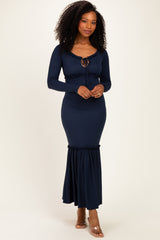 Navy Ribbed Long Sleeve Ruffle Trim Off Shoulder Maxi Dress