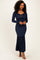 Navy Ribbed Long Sleeve Ruffle Trim Off Shoulder Maxi Dress