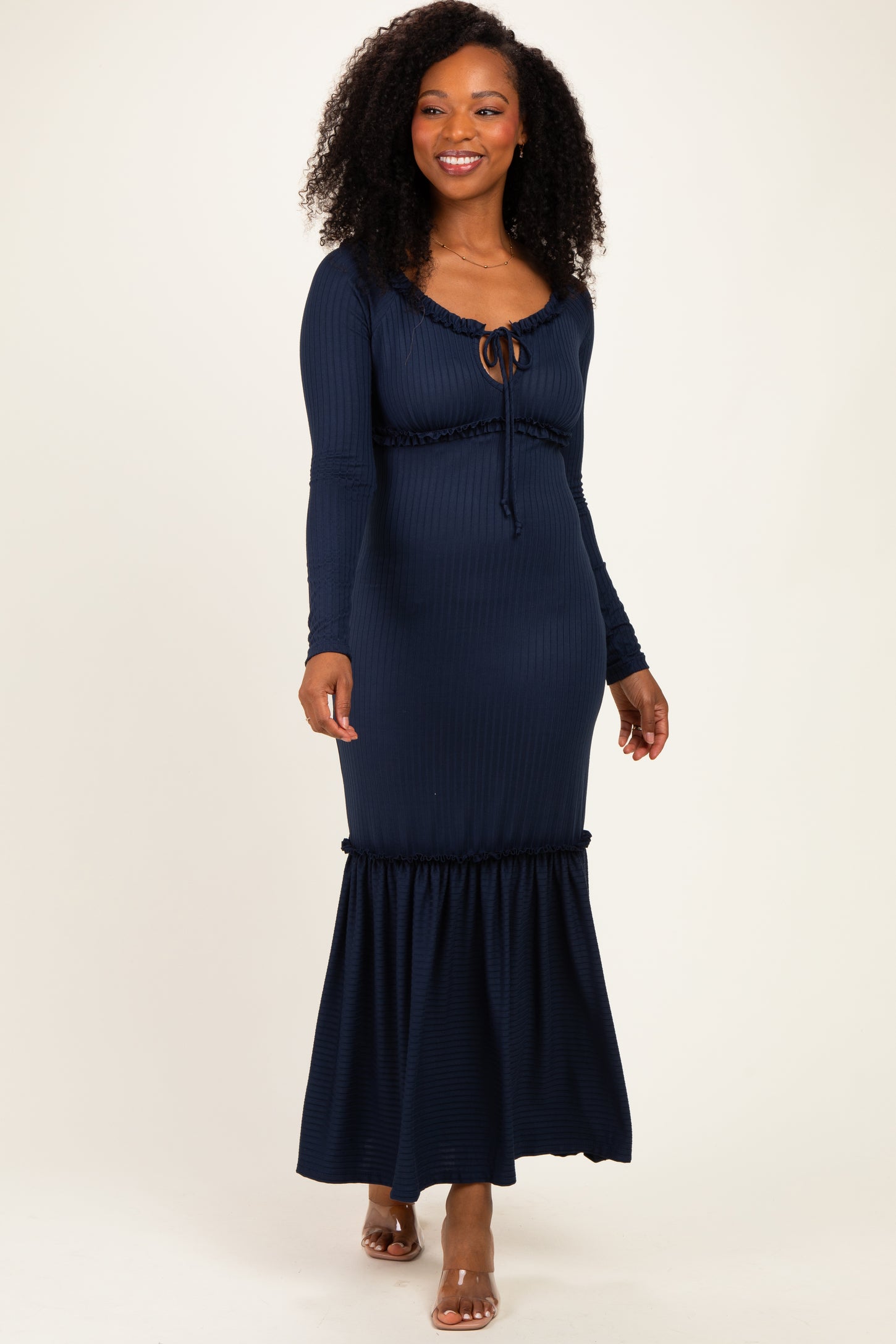 Navy Ribbed Long Sleeve Ruffle Trim Off Shoulder Maxi Dress