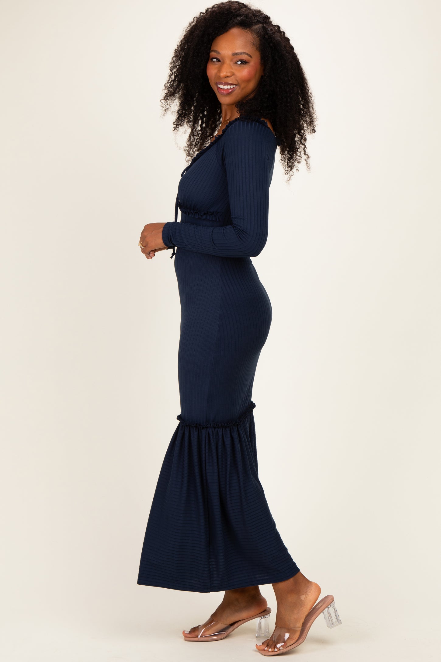 Navy Ribbed Long Sleeve Ruffle Trim Off Shoulder Maxi Dress