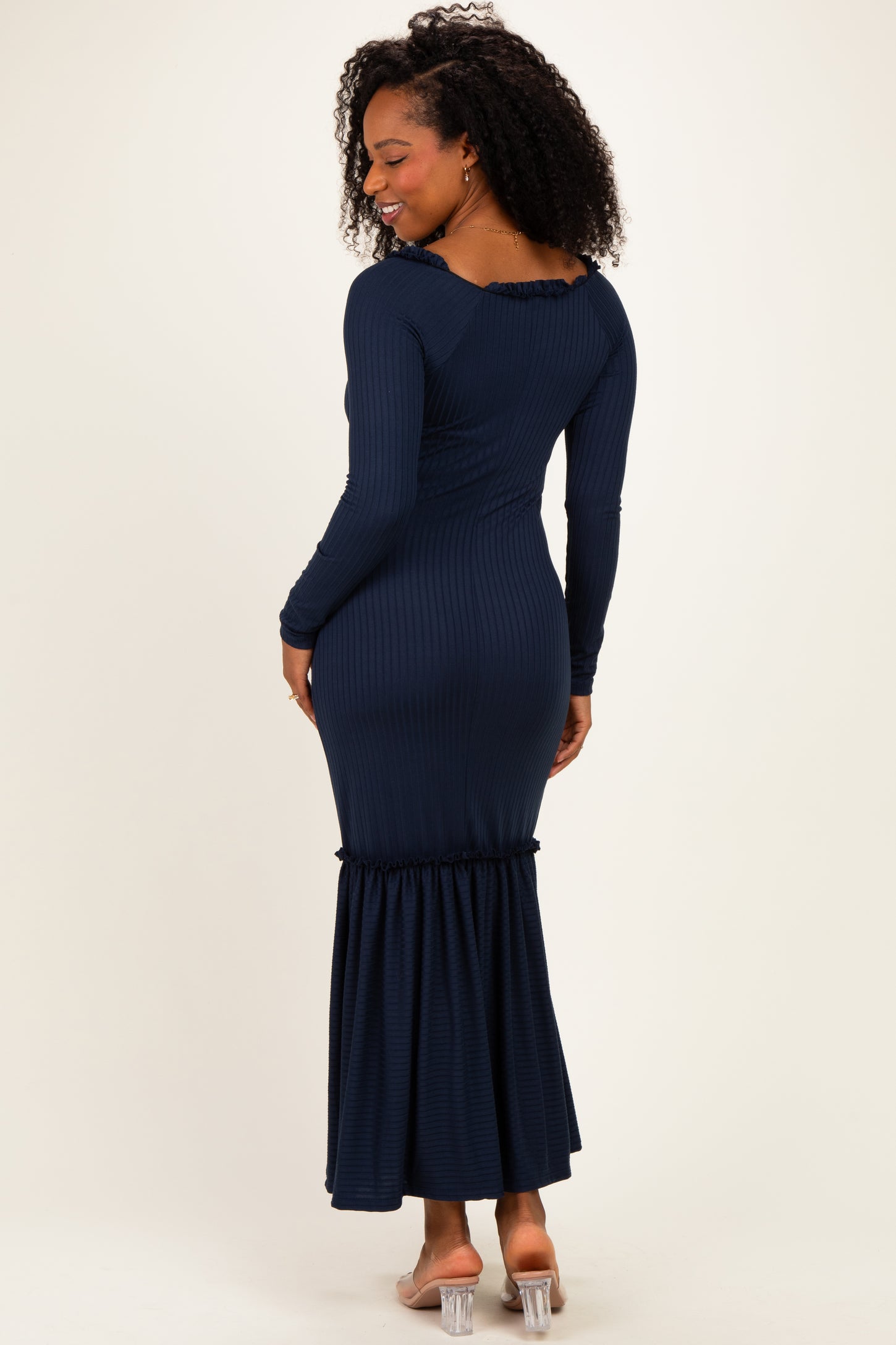 Navy Ribbed Long Sleeve Ruffle Trim Off Shoulder Maxi Dress