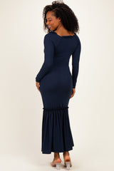 Navy Ribbed Long Sleeve Ruffle Trim Off Shoulder Maxi Dress