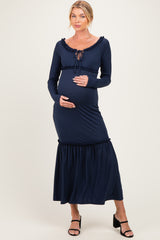 Navy Ribbed Long Sleeve Ruffle Trim Off Shoulder Maternity Maxi Dress