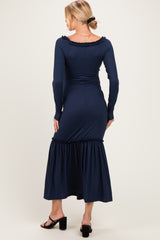 Navy Ribbed Long Sleeve Ruffle Trim Off Shoulder Maternity Maxi Dress
