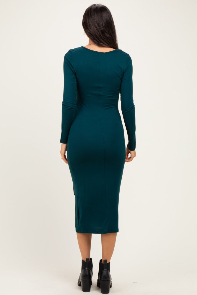 Hunter Green Long Sleeve Knotted Waist Maxi Dress