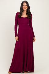 Burgundy Solid Long Sleeve Scoop Neck A-Line Maxi Dress