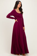 Burgundy Solid Long Sleeve Scoop Neck A-Line Maxi Dress