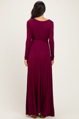 Burgundy Solid Long Sleeve Scoop Neck A-Line Maxi Dress