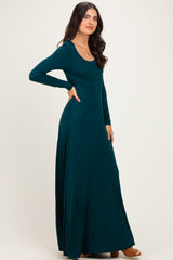 Hunter Green Solid Long Sleeve Scoop Neck A-Line Maxi Dress