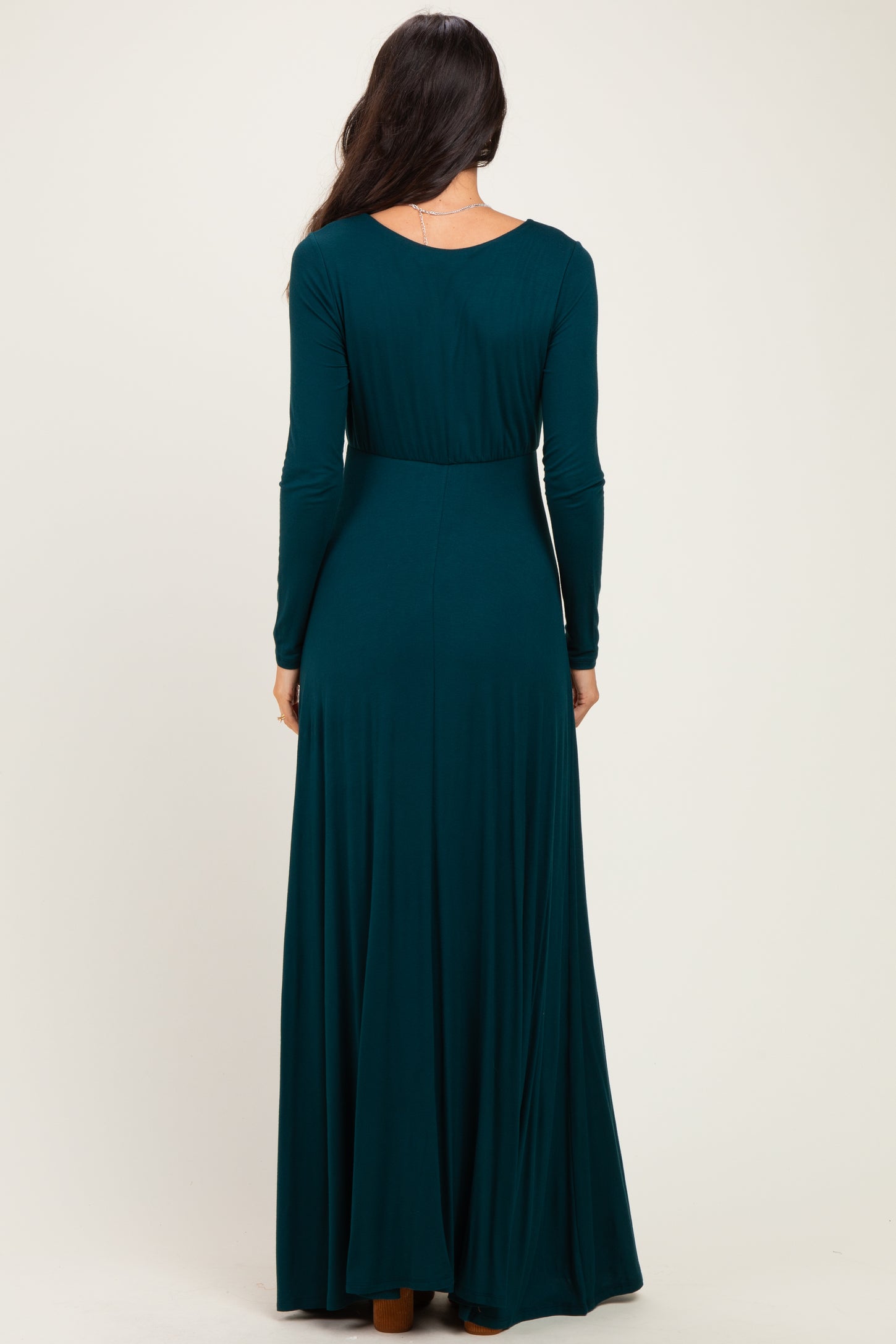 Hunter Green Solid Long Sleeve Scoop Neck A-Line Maxi Dress