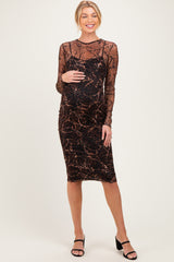Black Animal Print Mesh Maternity Midi Dress