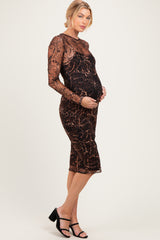 Black Animal Print Mesh Maternity Midi Dress