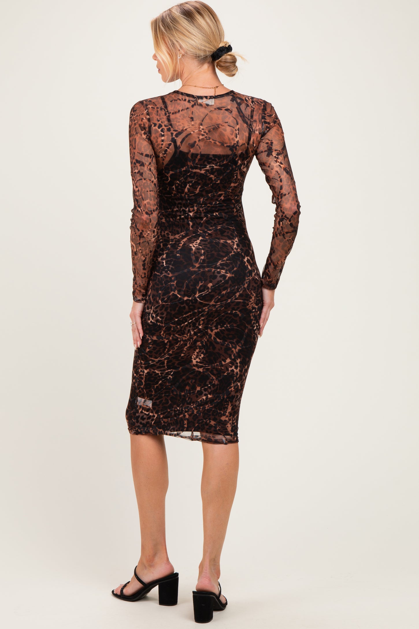Black Animal Print Mesh Maternity Midi Dress