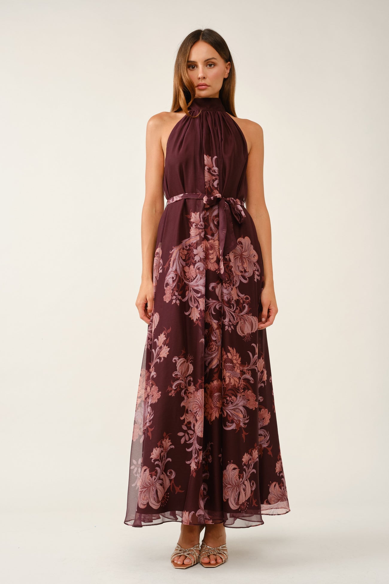 Burgundy Chiffon Floral Mock Halter Maxi Dress
