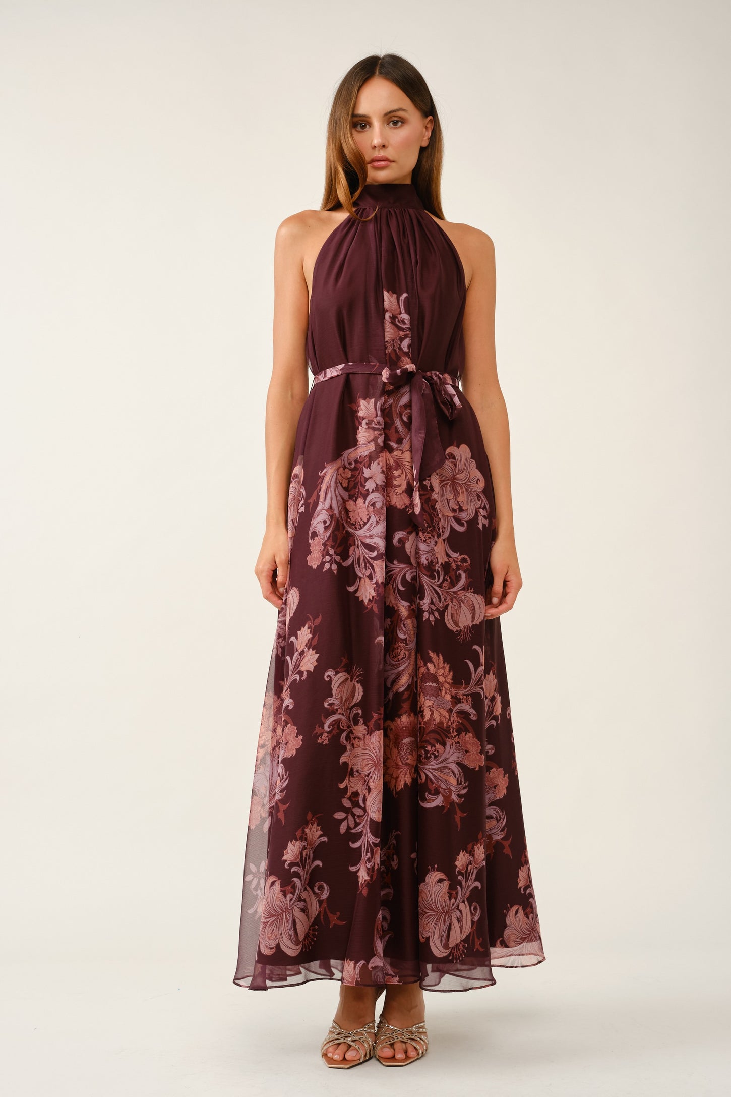 Burgundy Chiffon Floral Mock Halter Maxi Dress