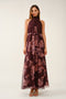 Burgundy Chiffon Floral Mock Halter Maxi Dress