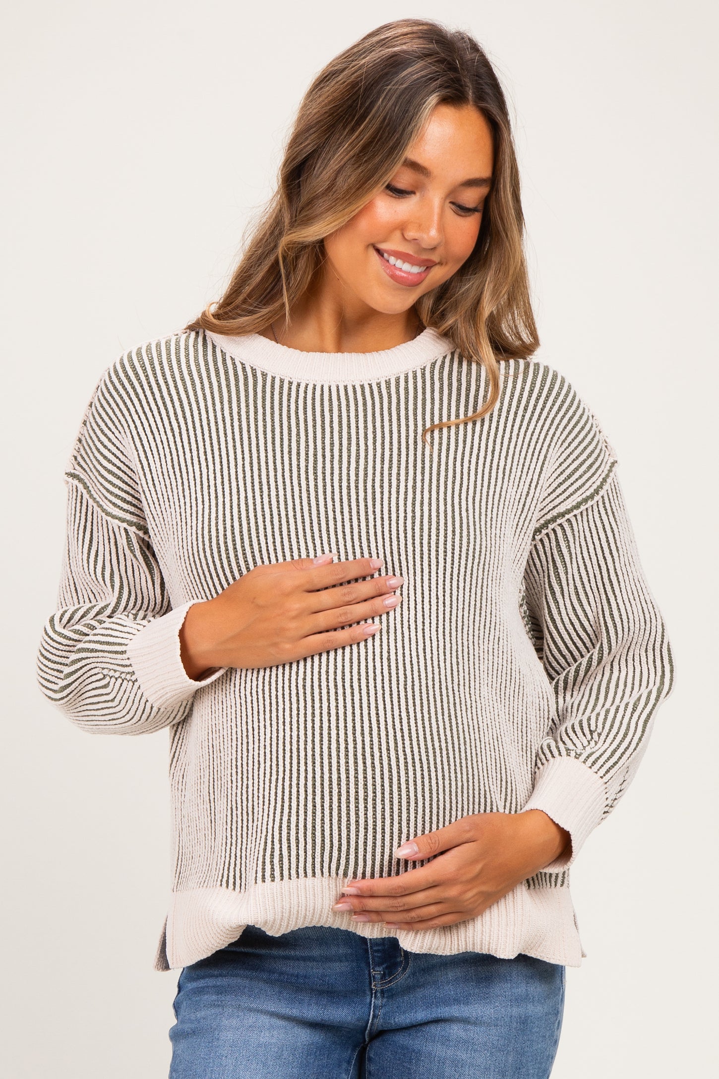 Light Olive Two Tone Oversized Maternity Sweater
