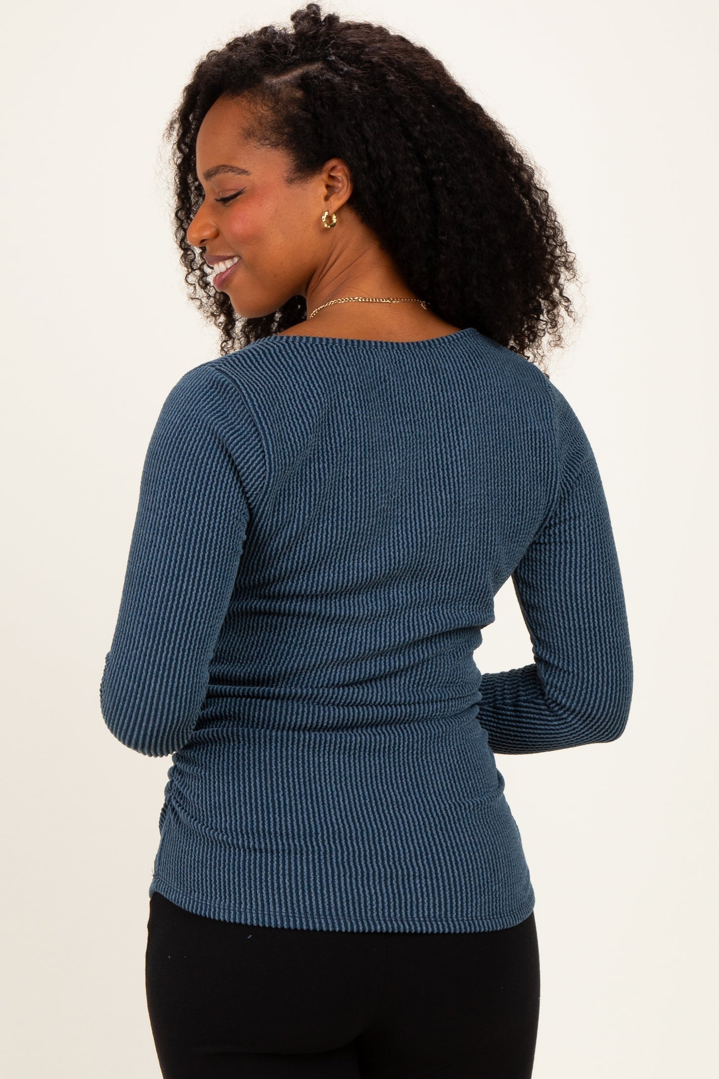 Hunter Green Ribbed V-Neck Long Sleeve Top