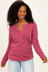Mauve Ribbed V-Neck Long Sleeve Top