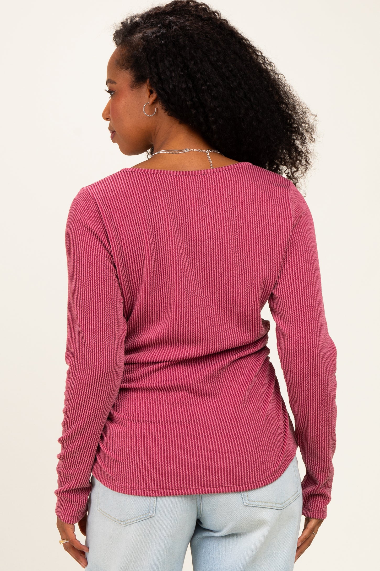 Mauve Ribbed V-Neck Long Sleeve Top