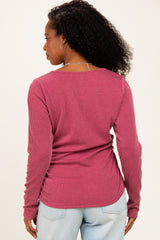 Mauve Ribbed V-Neck Long Sleeve Top