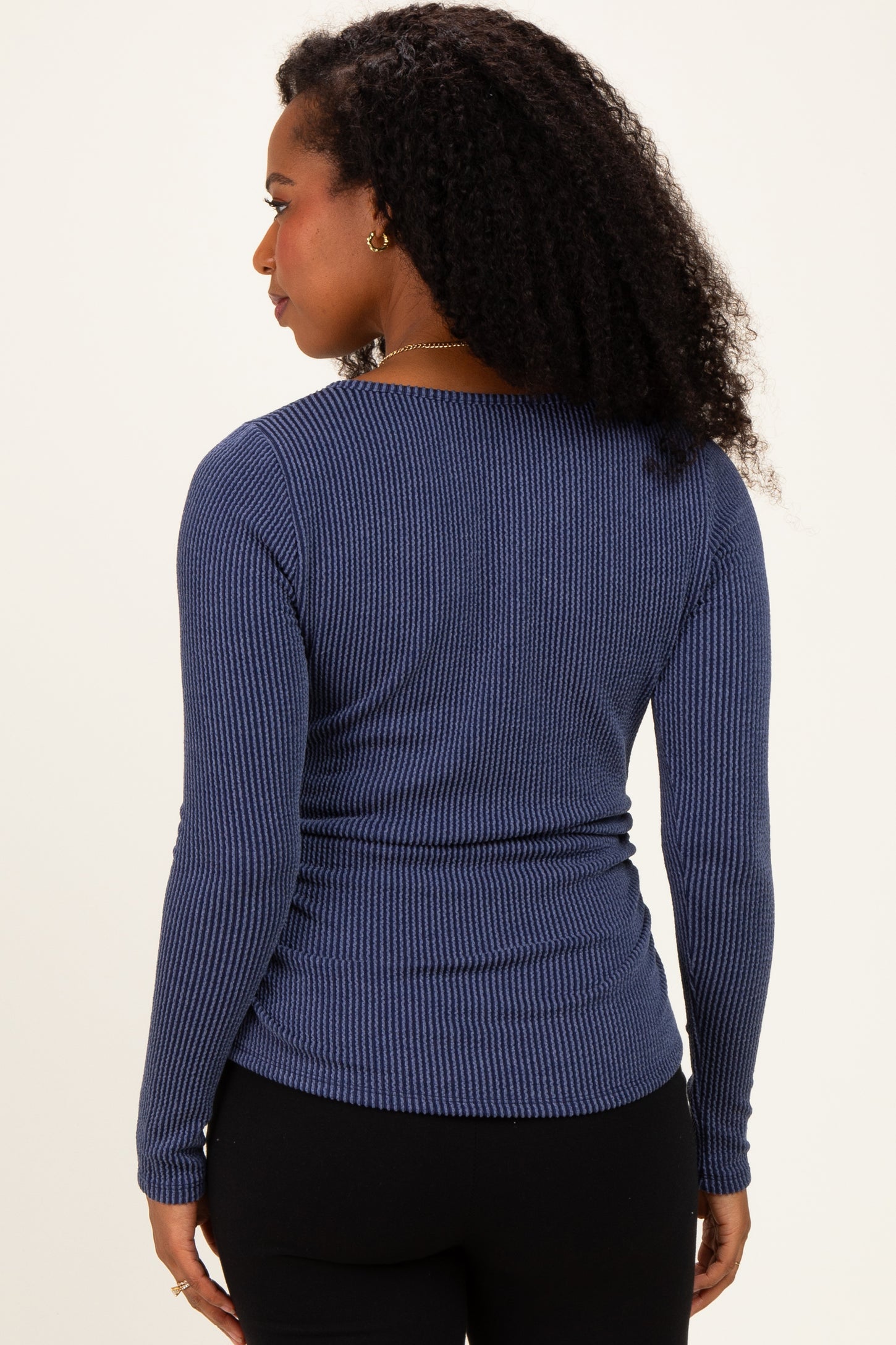 Navy Ribbed V-Neck Long Sleeve Top
