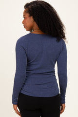 Navy Ribbed V-Neck Long Sleeve Top