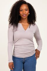 Beige Ribbed V-Neck Long Sleeve Top