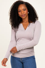 Beige Ribbed V-Neck Long Sleeve Top