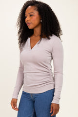 Beige Ribbed V-Neck Long Sleeve Top