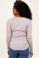 Beige Ribbed V-Neck Long Sleeve Top
