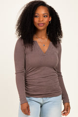 Brown Ribbed V-Neck Long Sleeve Top
