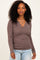 Brown Ribbed V-Neck Long Sleeve Top