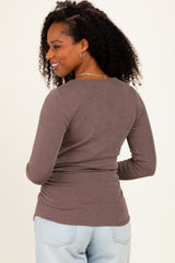 Brown Ribbed V-Neck Long Sleeve Top