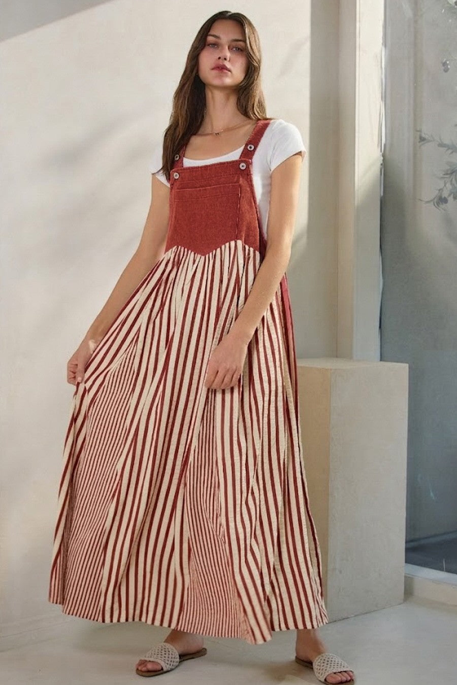 Crimson Striped Colorblock Denim Contrast Maternity Maxi Dress