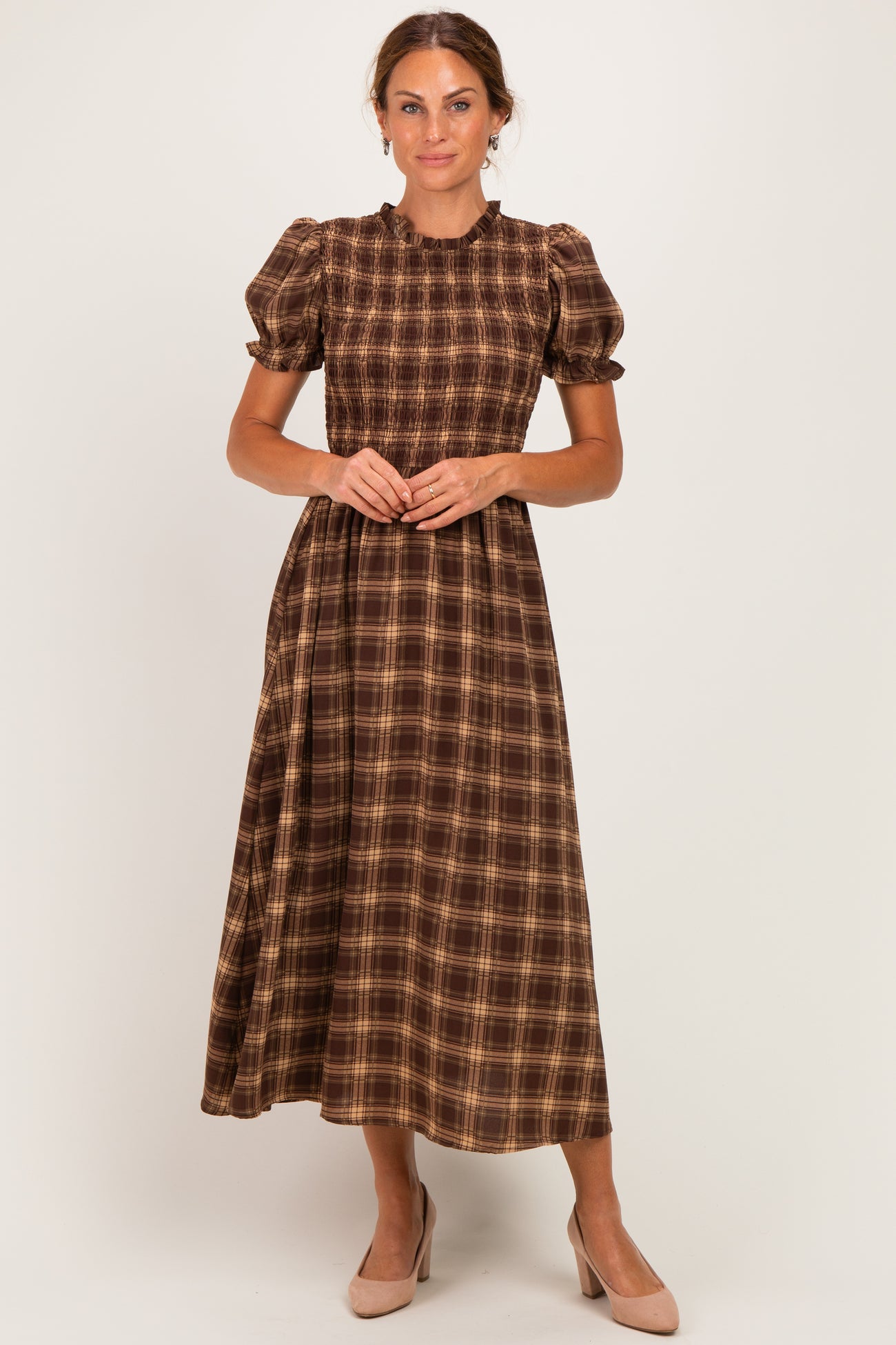 Brown Plaid Puff Sleeve Smocked Midi Dress