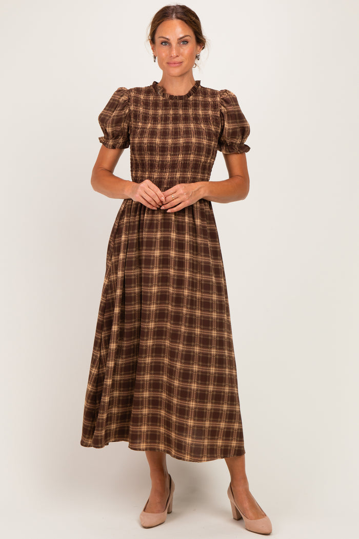 Brown Plaid Puff Sleeve Smocked Maternity Midi Dress