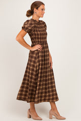 Brown Plaid Puff Sleeve Smocked Midi Dress