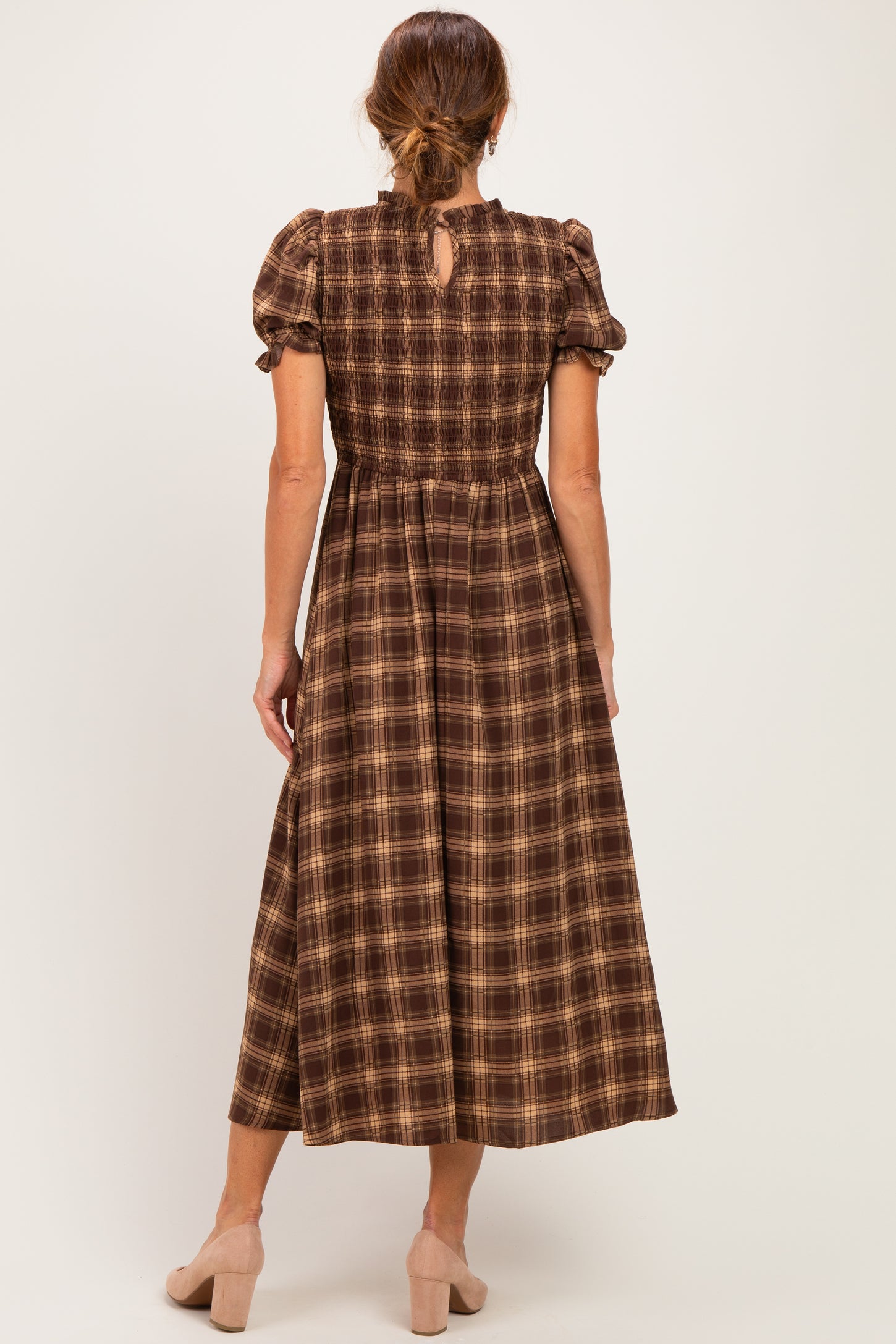 Brown Plaid Puff Sleeve Smocked Midi Dress