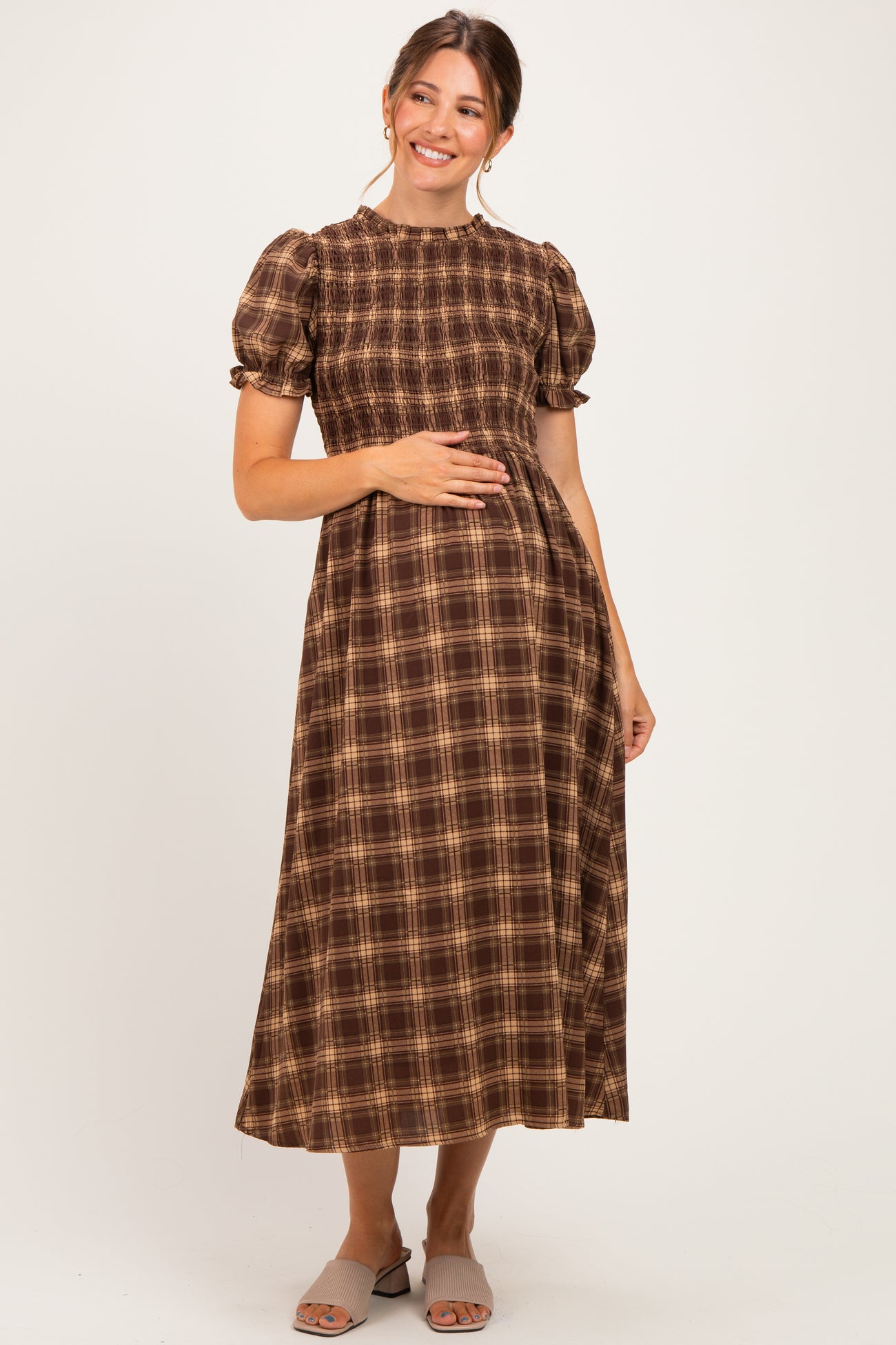 Brown Plaid Puff Sleeve Smocked Maternity Midi Dress