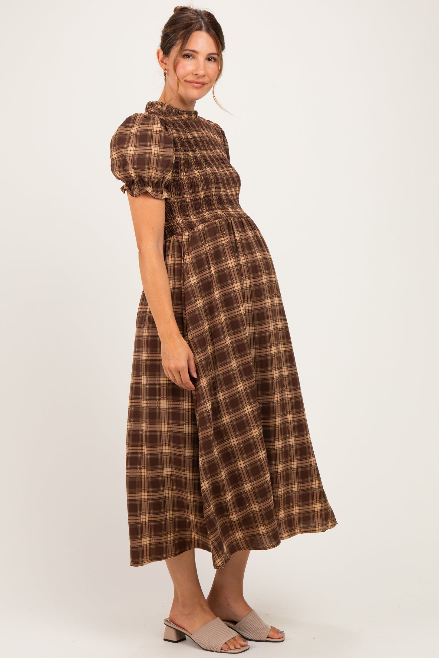 Brown Plaid Puff Sleeve Smocked Maternity Midi Dress