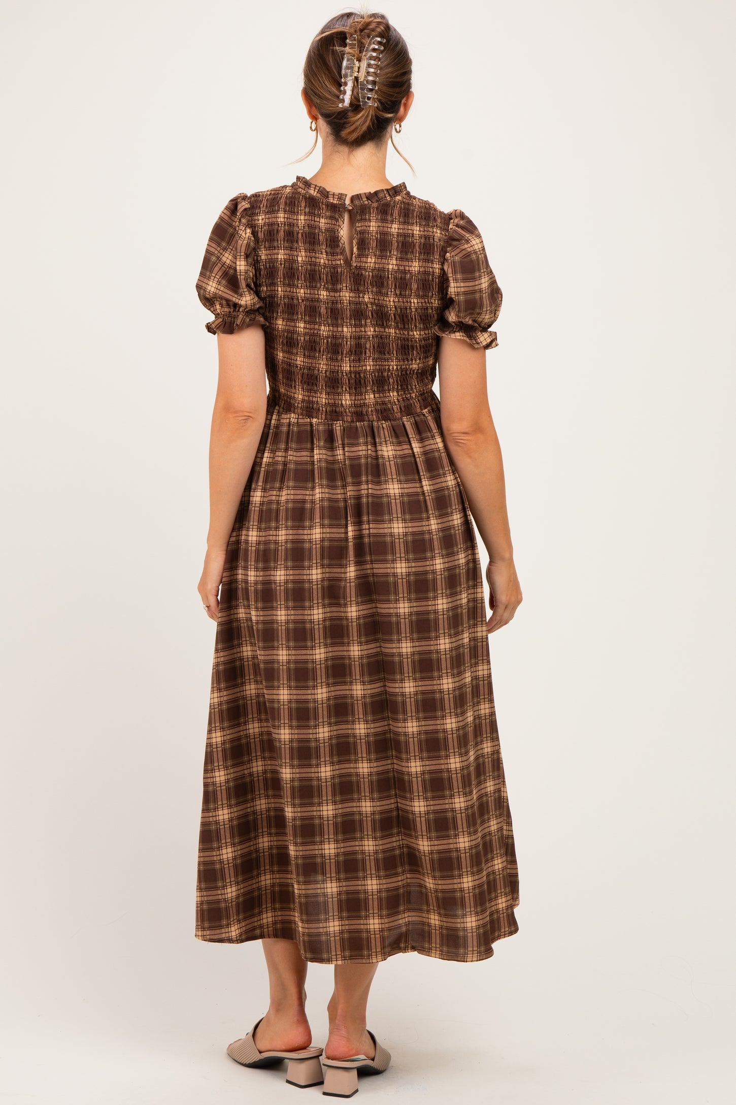 Brown Plaid Puff Sleeve Smocked Maternity Midi Dress