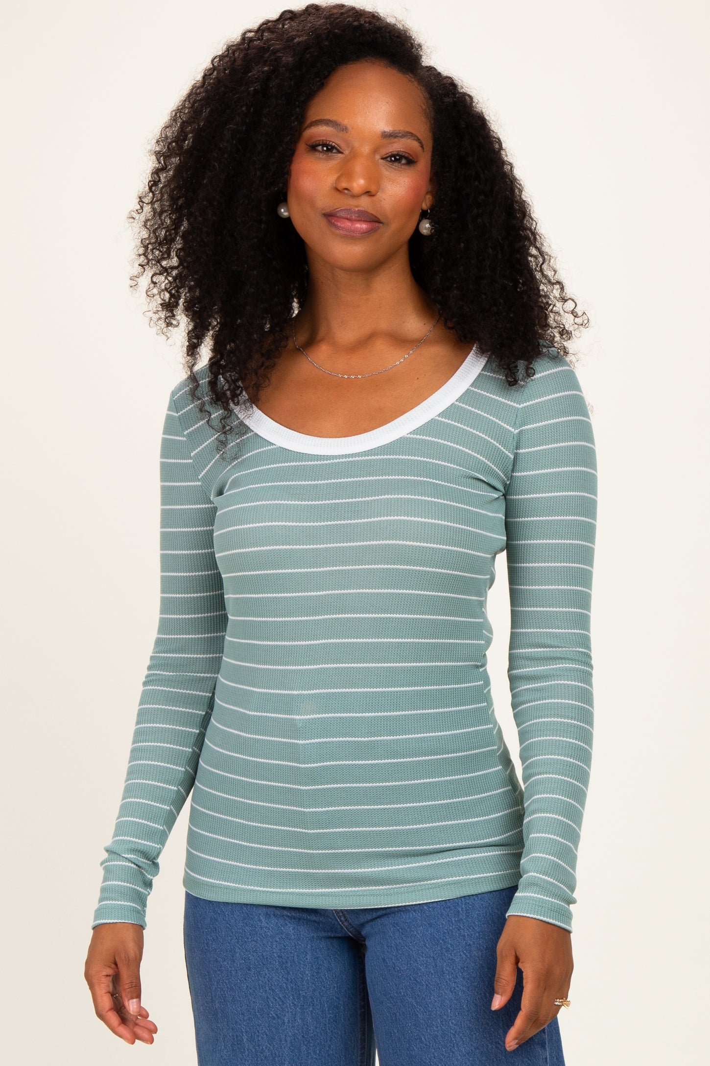 Mint Striped Long Sleeve Scoop Neck Maternity Top