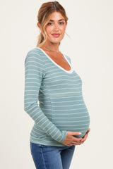 Mint Striped Long Sleeve Scoop Neck Maternity Top