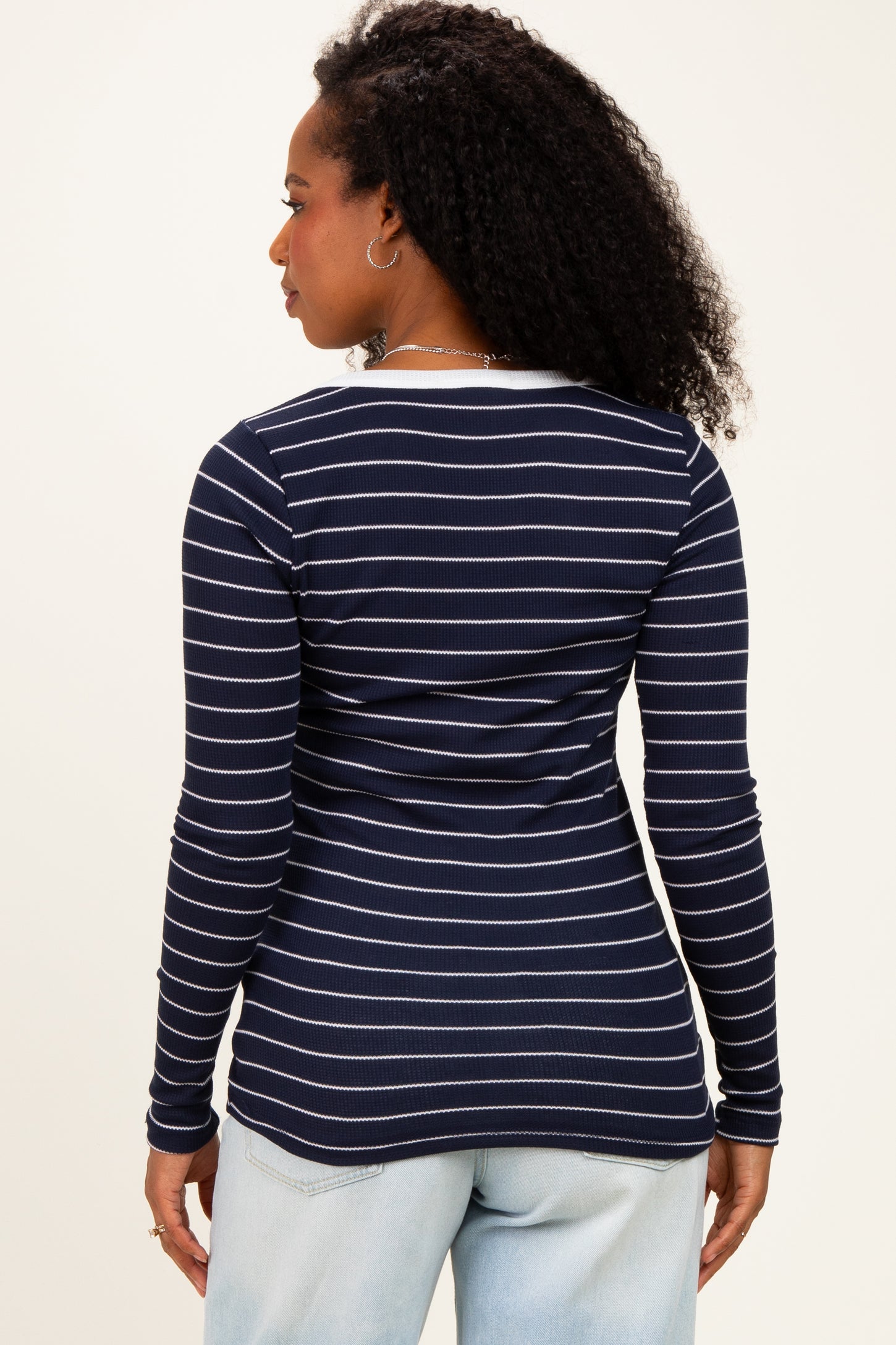 Navy Striped Long Sleeve Scoop Neck Top