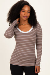 Taupe Striped Long Sleeve Scoop Neck Top
