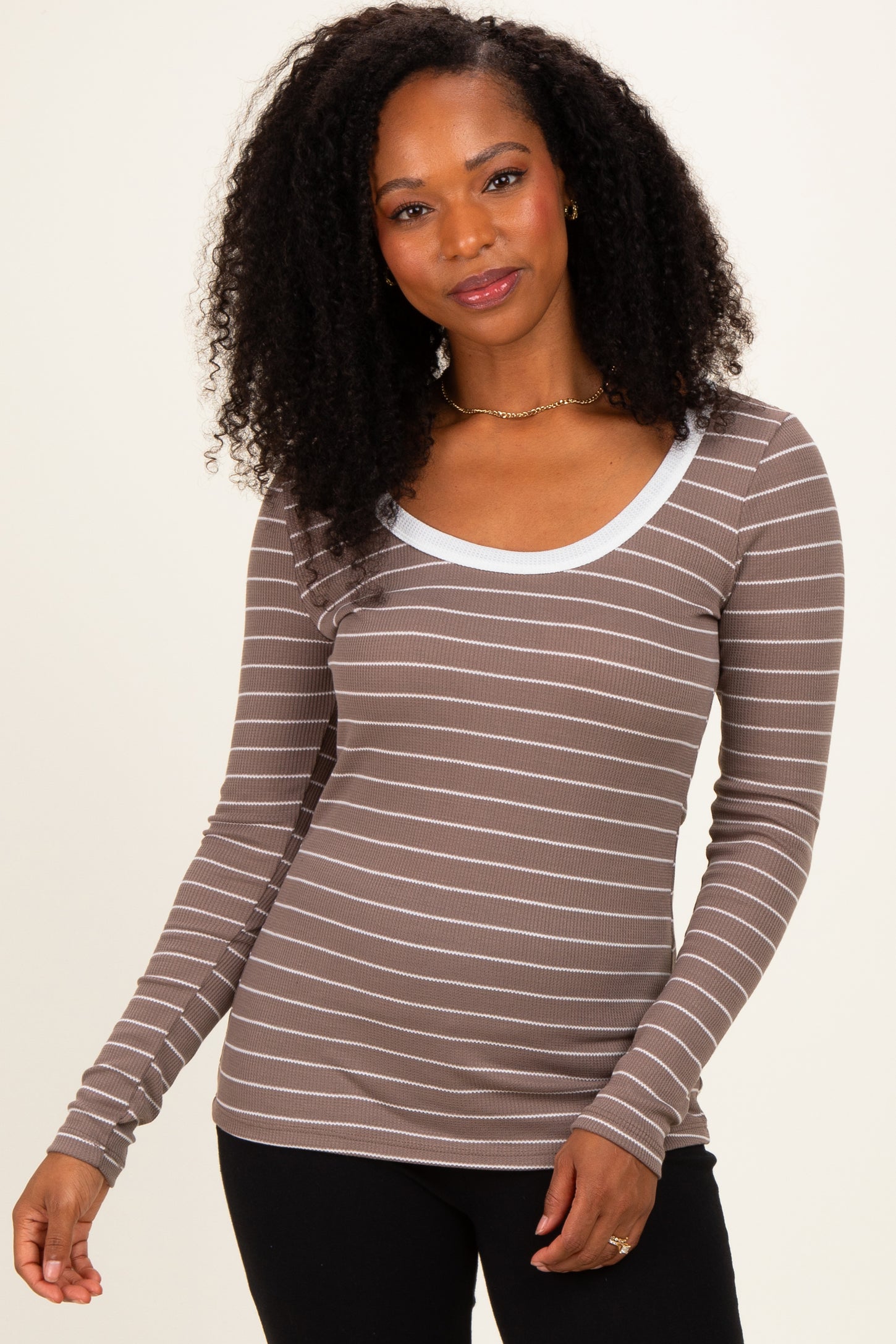Taupe Striped Long Sleeve Scoop Neck Top